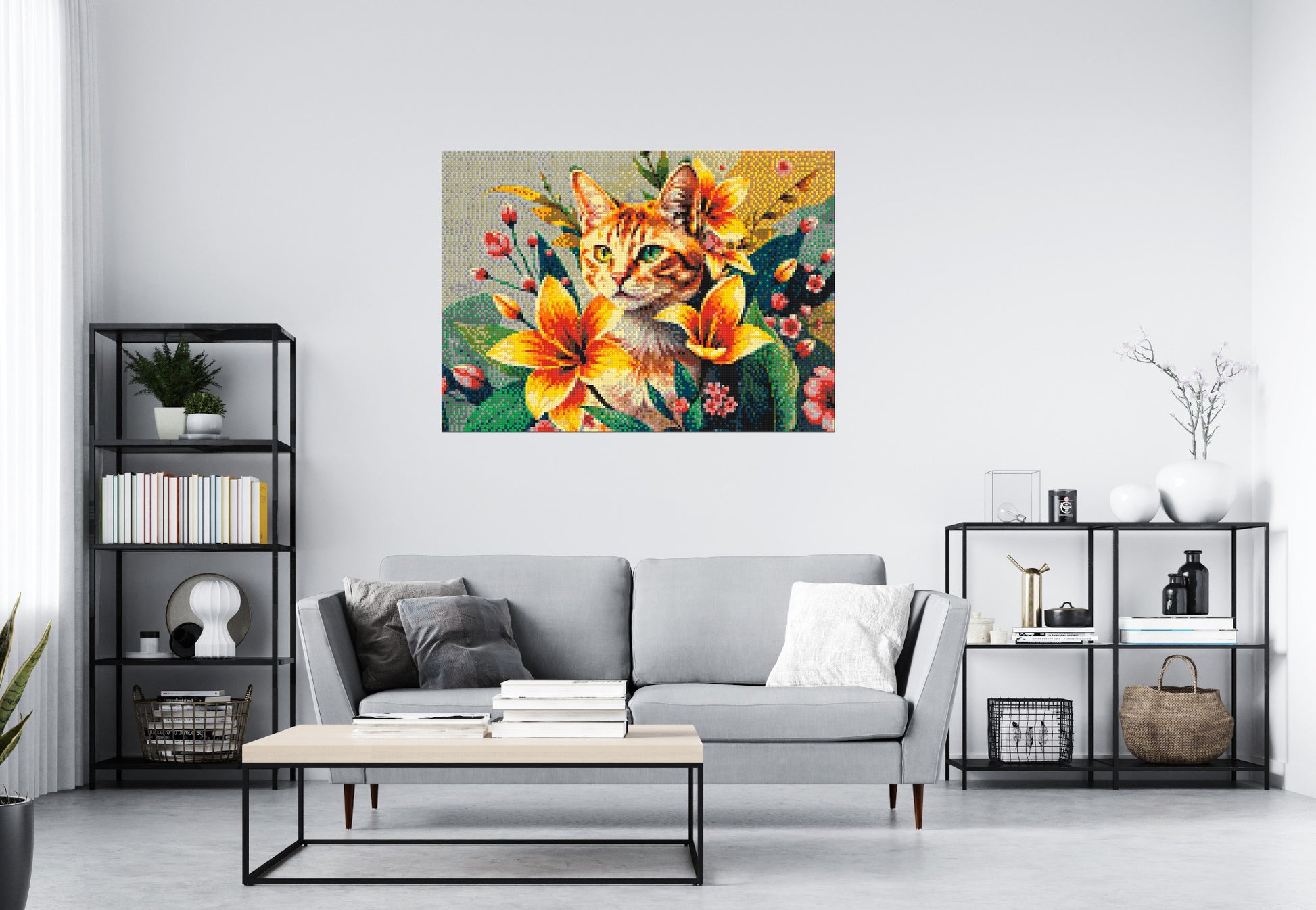 Ginger Tabby Cat with Orange Lilies and Pink Blossoms Illustration - Brick Art Mosaic Kit 7x5 scene