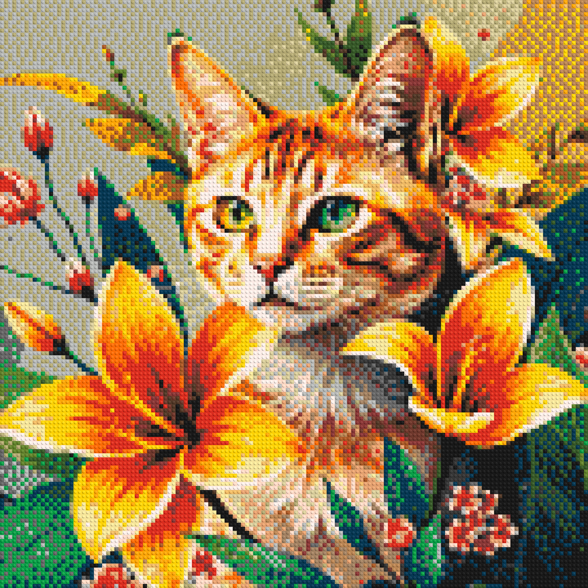 Ginger Tabby Cat with Orange Lilies and Pink Blossoms Illustration - Brick Art Mosaic Kit 6x6 large