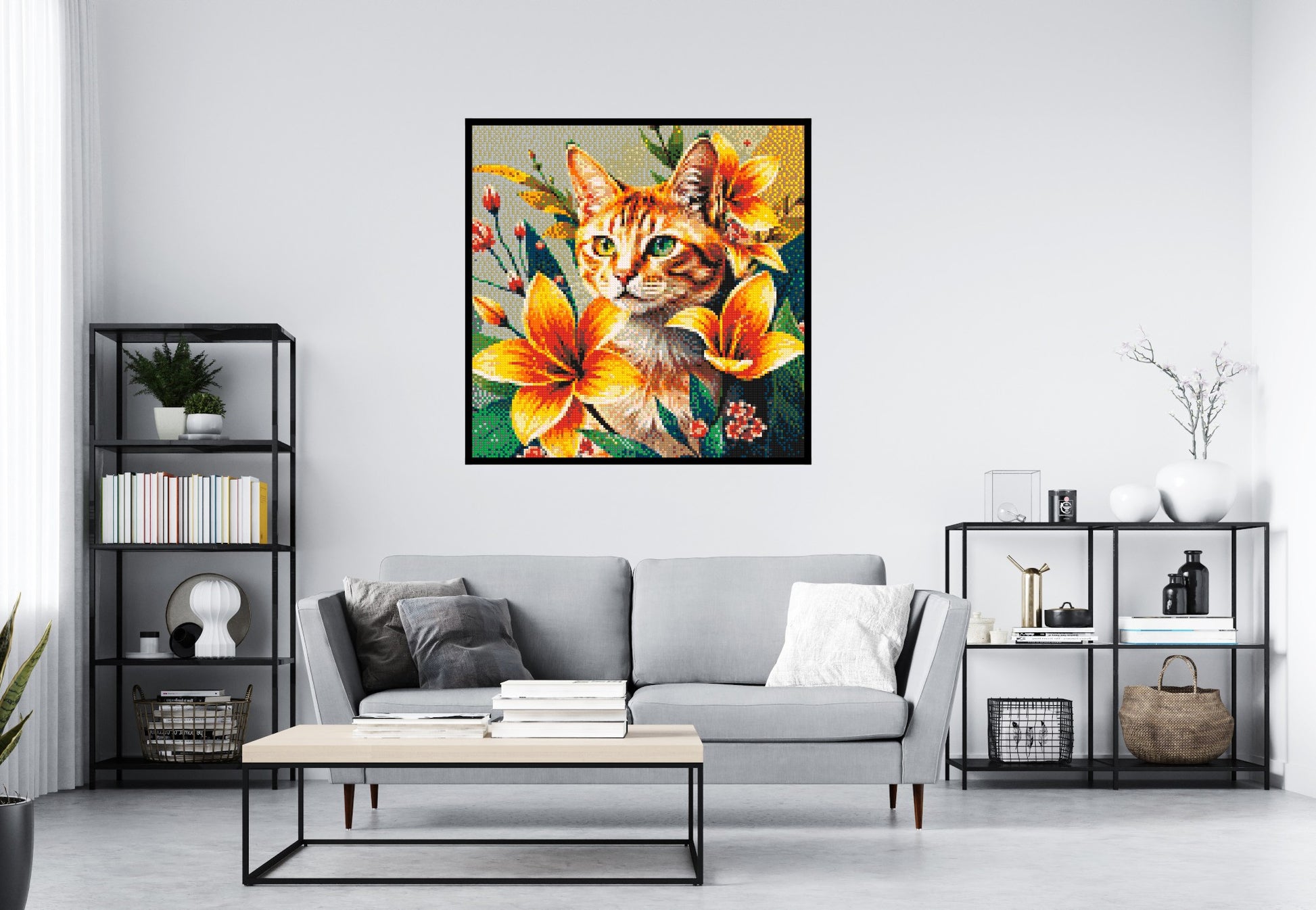 Ginger Tabby Cat with Orange Lilies and Pink Blossoms Illustration - Brick Art Mosaic Kit 6x6 scene with frame