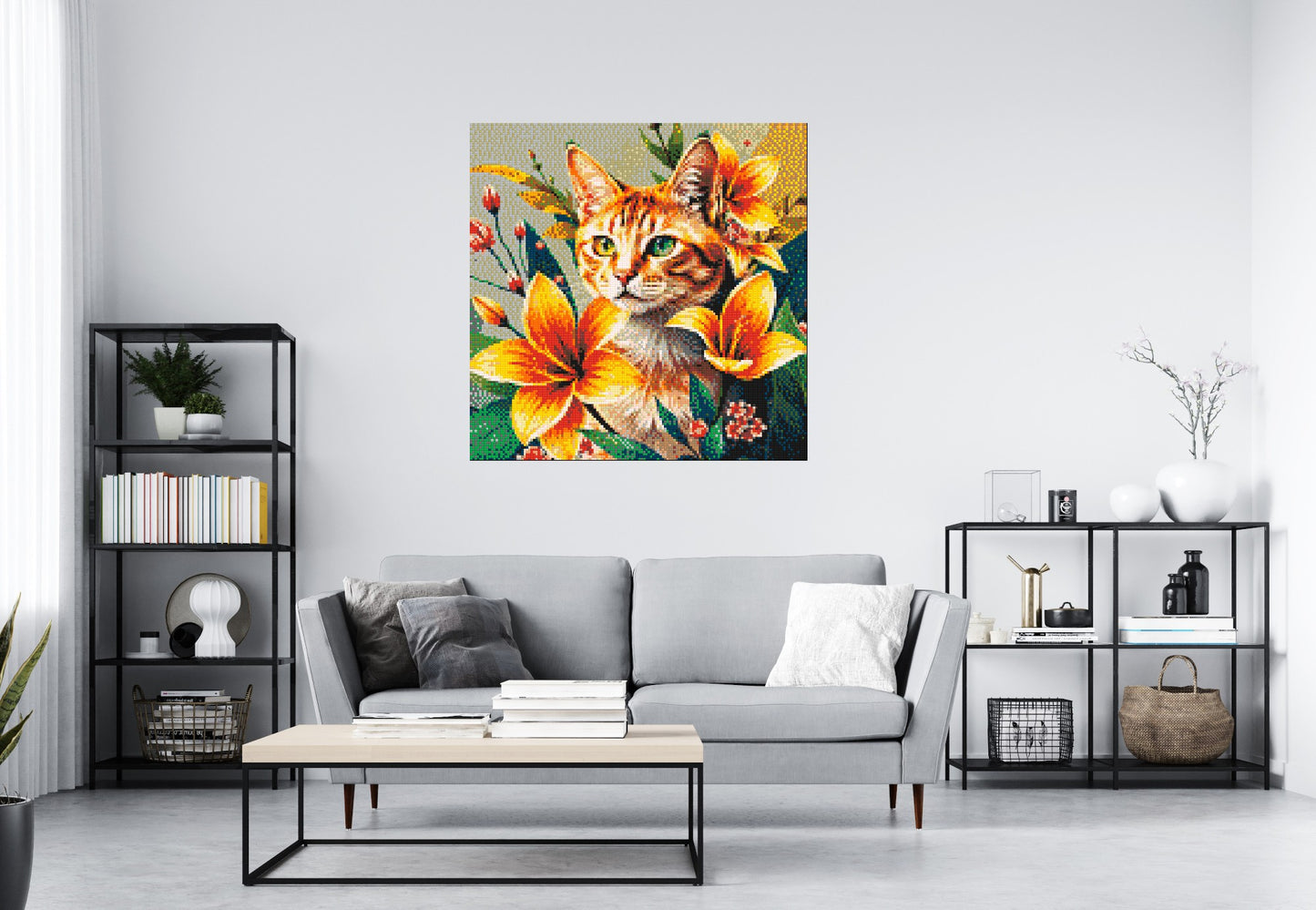 Ginger Tabby Cat with Orange Lilies and Pink Blossoms Illustration - Brick Art Mosaic Kit 6x6 large