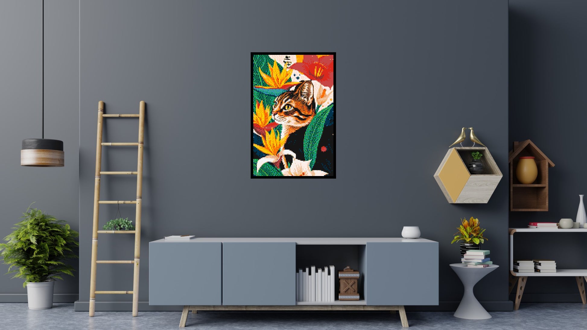 Tabby Cat with Birds of Paradise Illustration - Brick Art Mosaic Kit 4x6 scene with frame