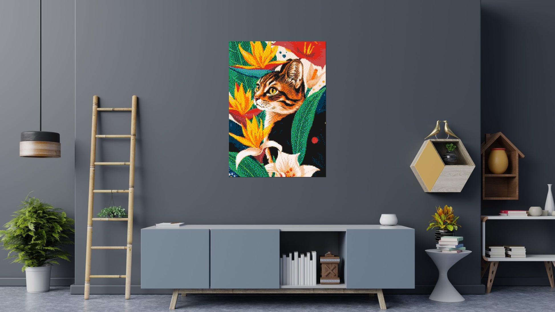 Tabby Cat with Birds of Paradise Illustration - Brick Art Mosaic Kit 5x7 scene