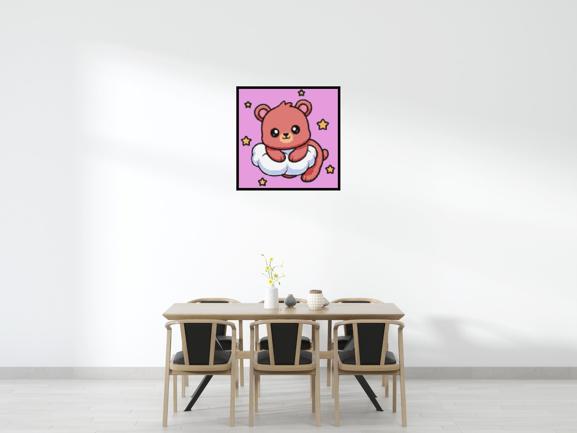 Cute Bear on Cloud with Stars Cartoon Art - Brick Art Mosaic Kit 5x5 scene with frame