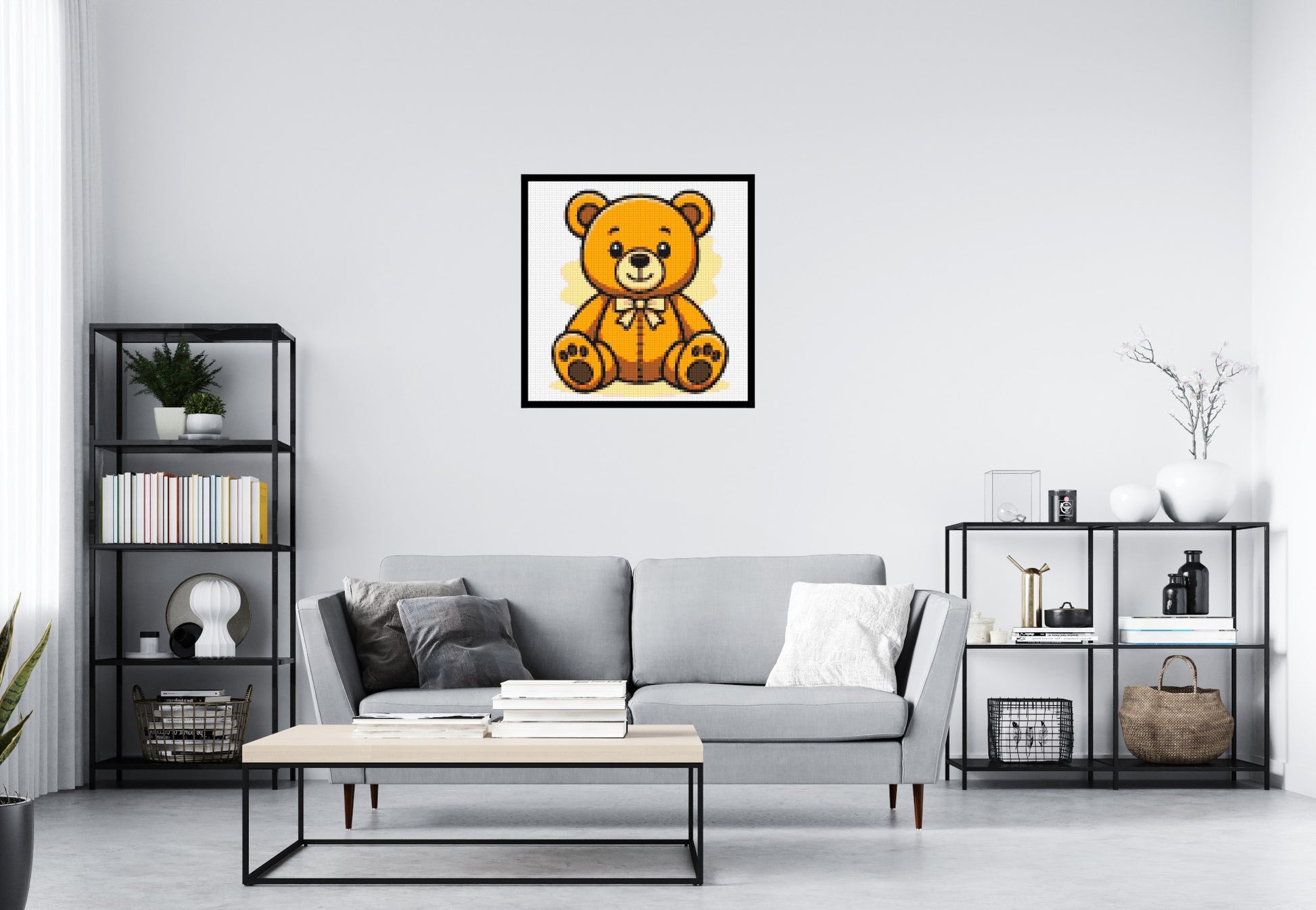 Classic Sitting Teddy Bear with Bow Tie Cartoon Art - Brick Art Mosaic Kit 4x4 scene with frame