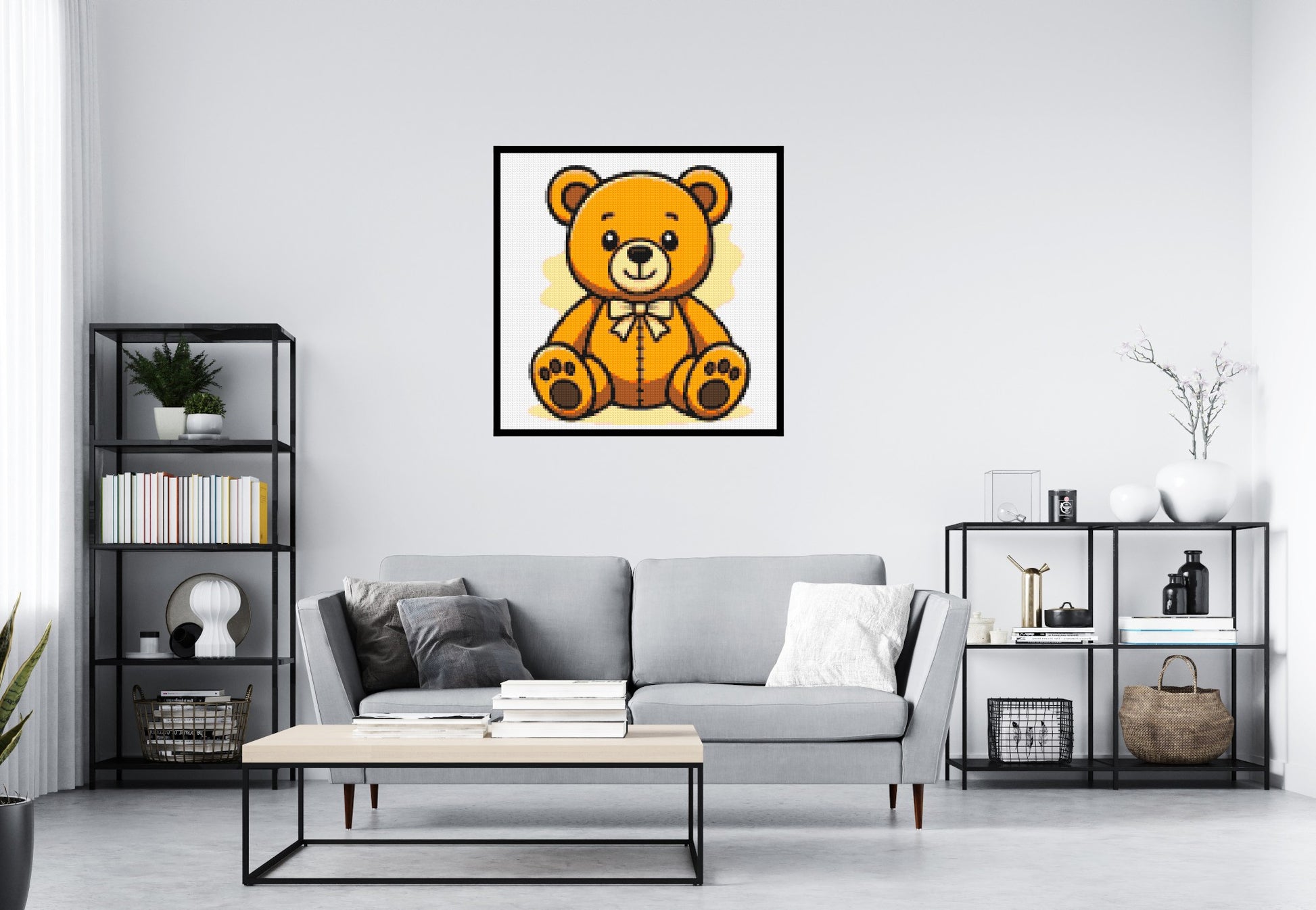 Classic Sitting Teddy Bear with Bow Tie Cartoon Art - Brick Art Mosaic Kit 5x5 scene with frame