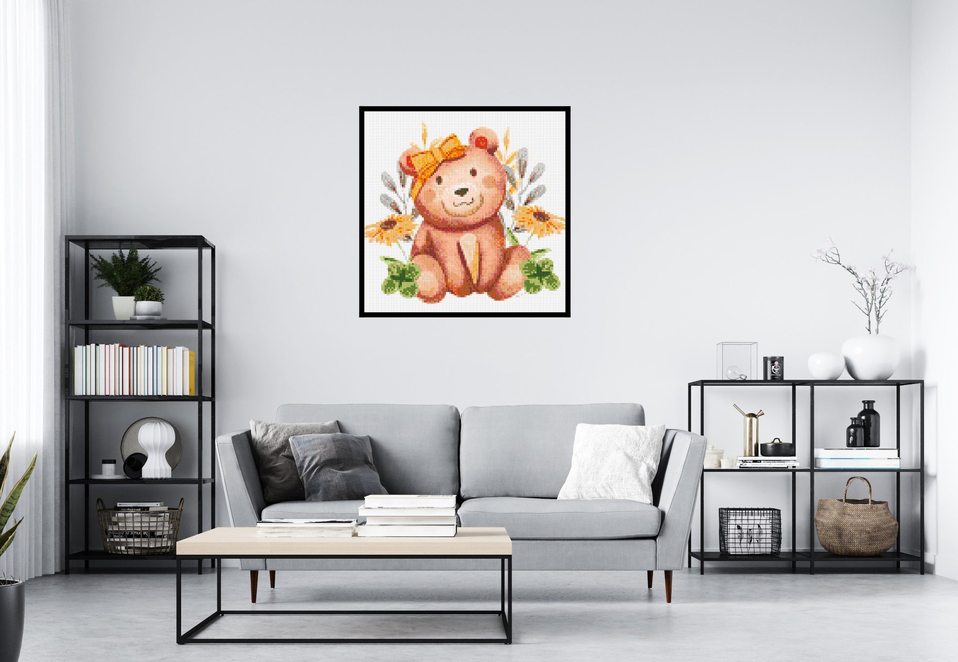 Teddy Bear with Yellow Bow and Flowers Watercolor Art - Brick Art Mosaic Kit 5x5 scene with frame