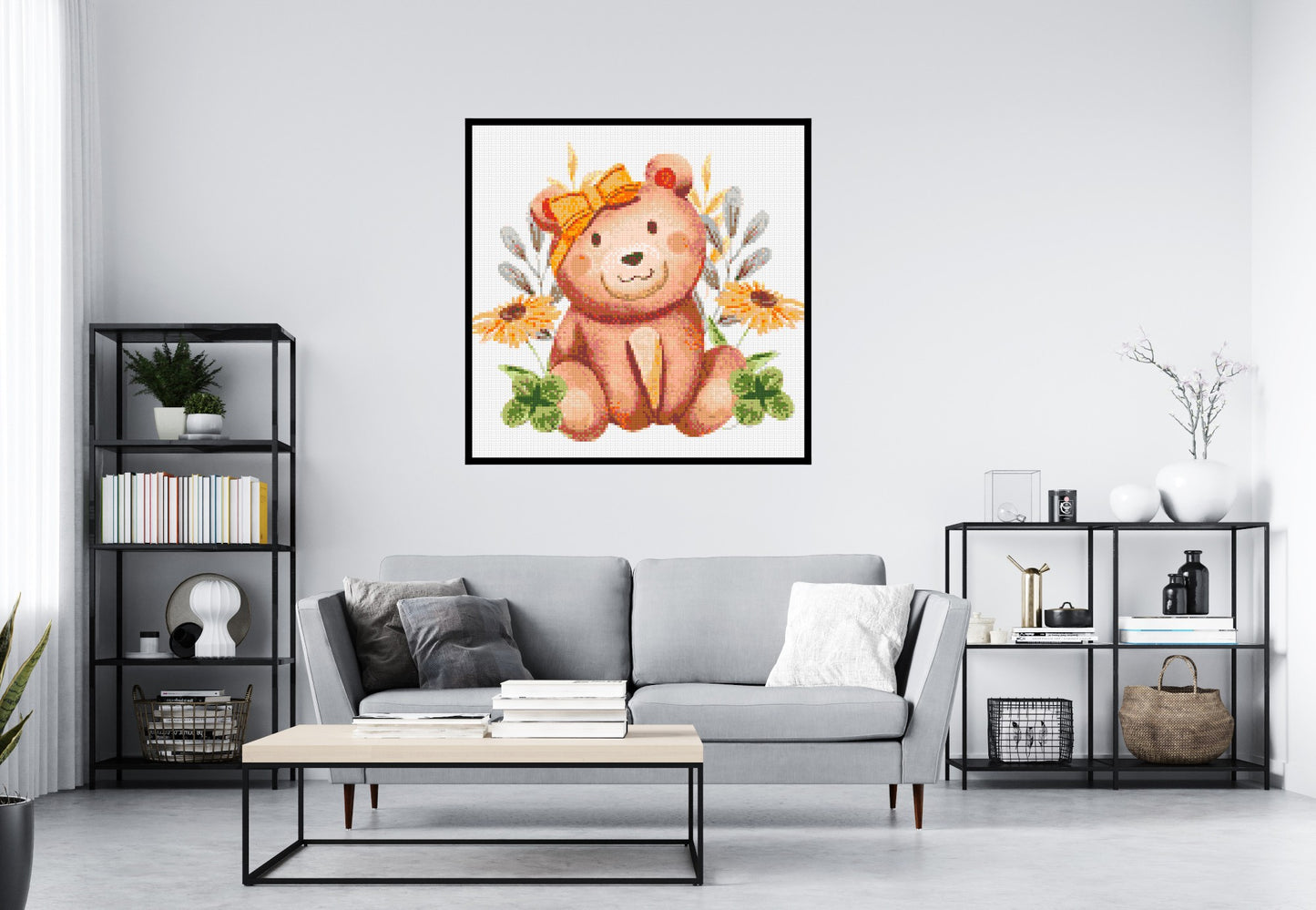 Teddy Bear with Yellow Bow and Flowers Watercolor Art - Brick Art Mosaic Kit 6x6 large