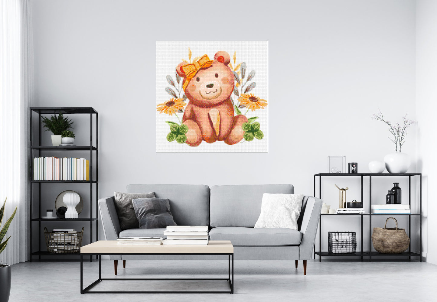 Teddy Bear with Yellow Bow and Flowers Watercolor Art - Brick Art Mosaic Kit 6x6 large
