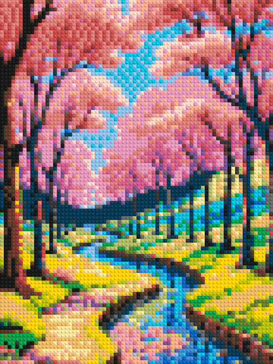 Cherry Blossom Path along Serene River Illustration - Brick Art Mosaic Kit 3x4 large