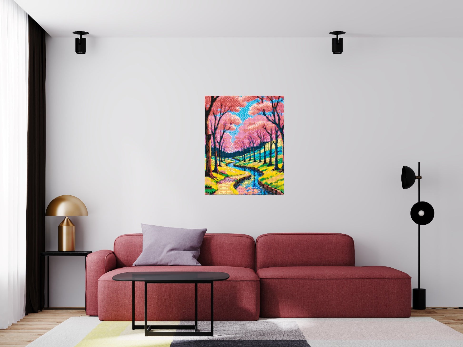 Cherry Blossom Path along Serene River Illustration - Brick Art Mosaic Kit 4x5 scene