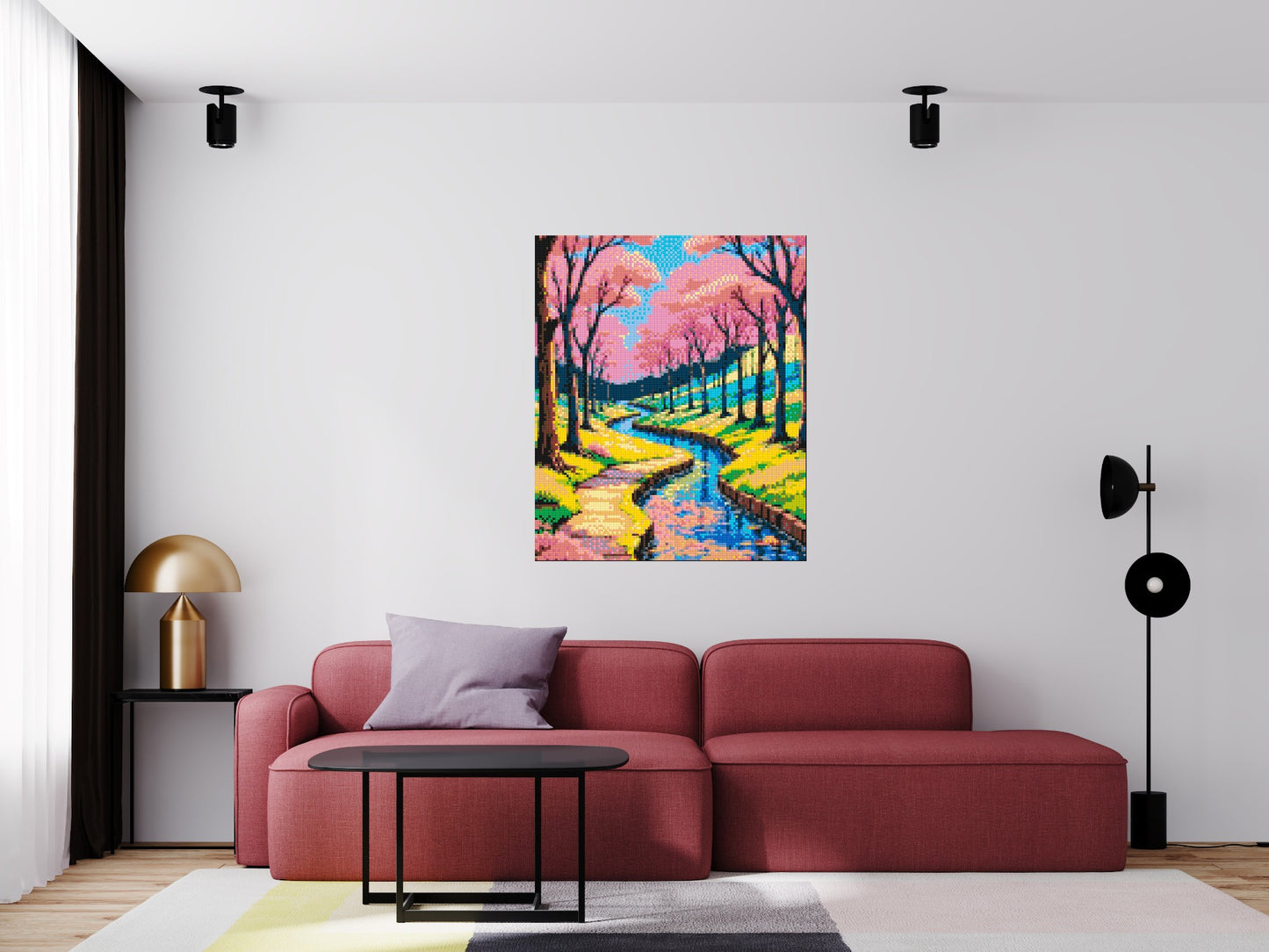 Cherry Blossom Path along Serene River Illustration - Brick Art Mosaic Kit 5x6 large