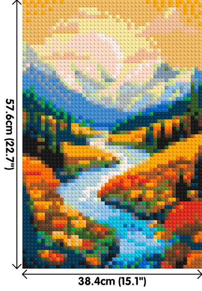 Mountain Valley River with Autumn Flowers Illustration - Brick Art Mosaic Kit 2x3 large