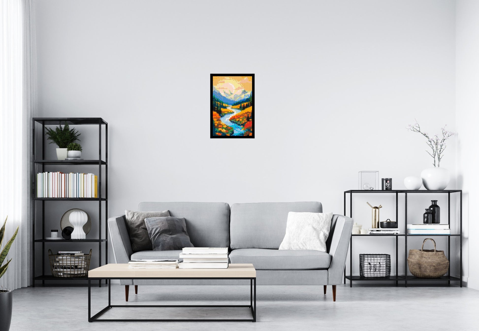 Mountain Valley River with Autumn Flowers Illustration - Brick Art Mosaic Kit 2x3 scene with frame