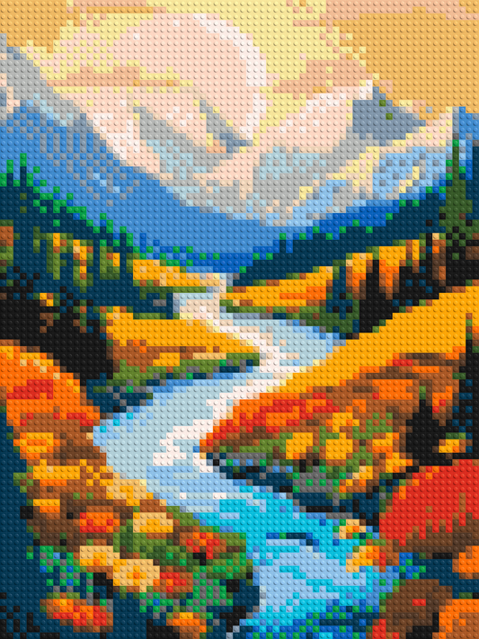 Mountain Valley River with Autumn Flowers Illustration - Brick Art Mosaic Kit 3x4 large