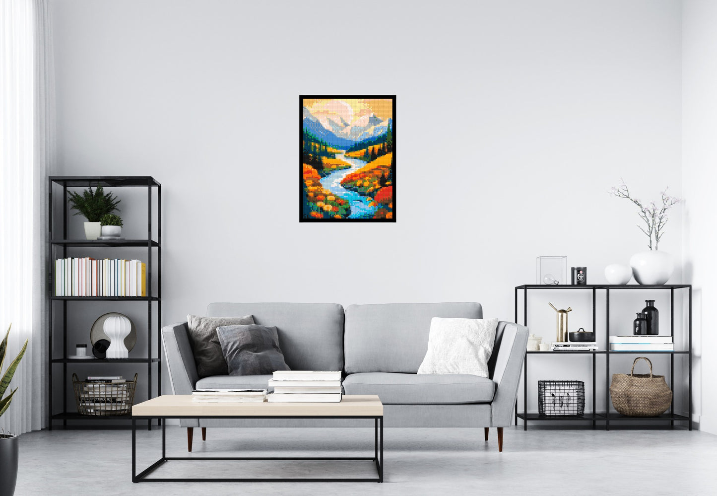 Mountain Valley River with Autumn Flowers Illustration - Brick Art Mosaic Kit 3x4 large