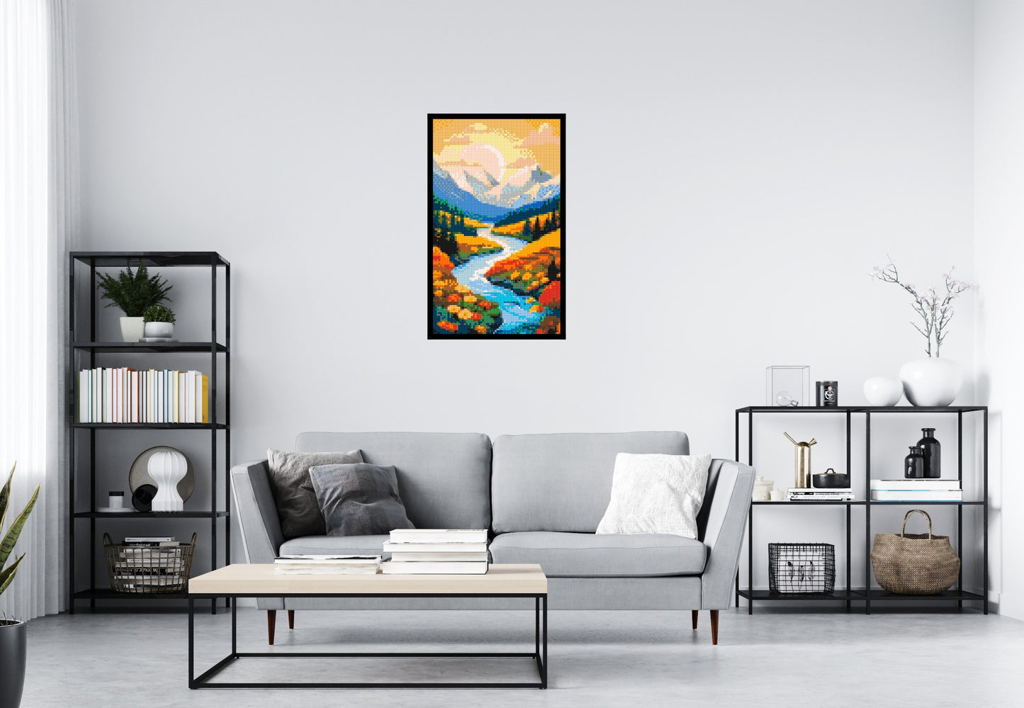 Mountain Valley River with Autumn Flowers Illustration - Brick Art Mosaic Kit 3x5 large