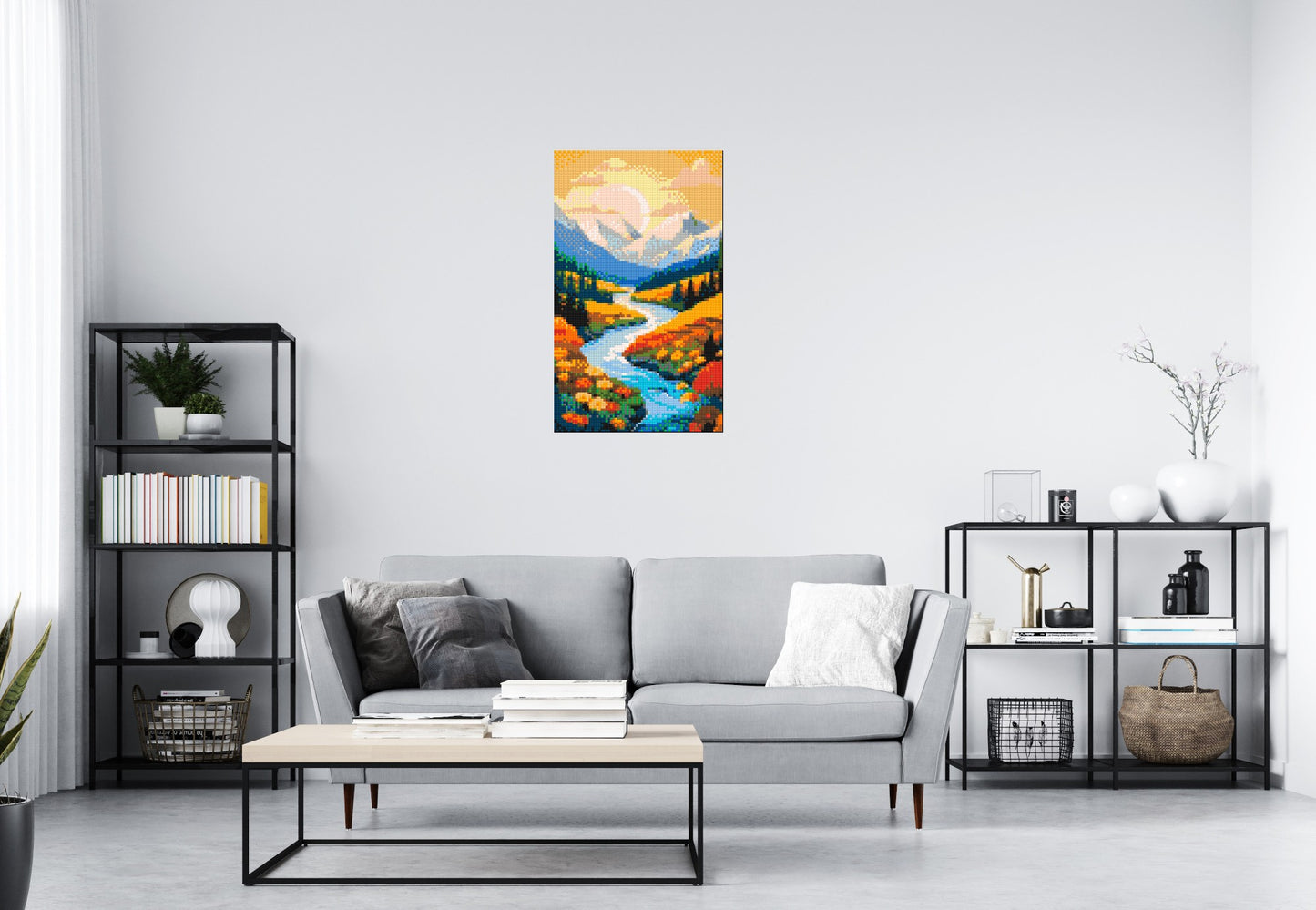 Mountain Valley River with Autumn Flowers Illustration - Brick Art Mosaic Kit 3x5 large