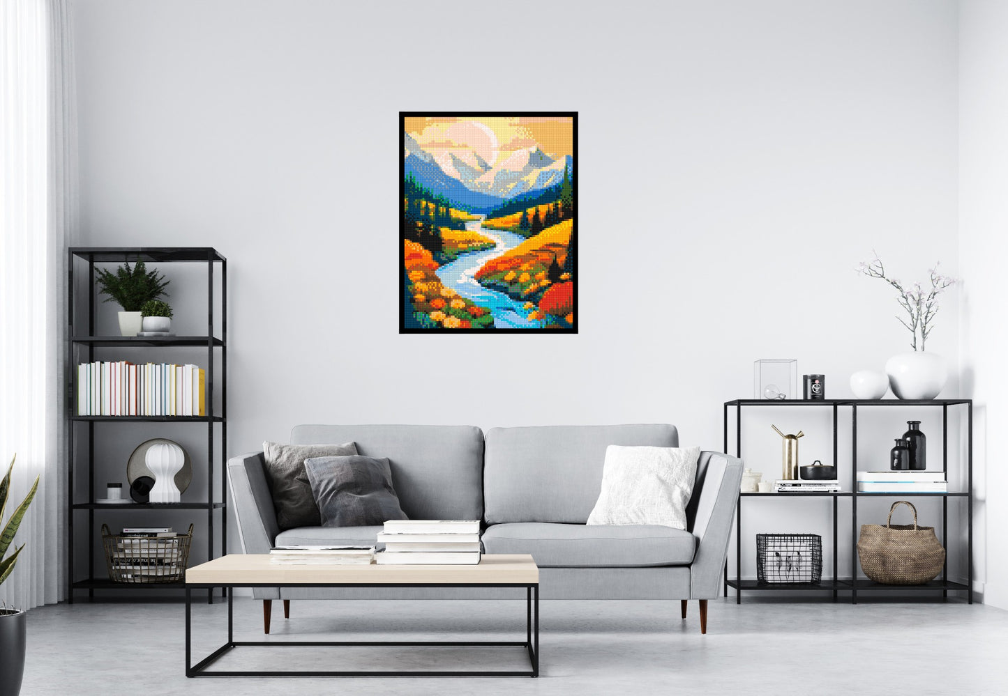 Mountain Valley River with Autumn Flowers Illustration - Brick Art Mosaic Kit 4x5 large