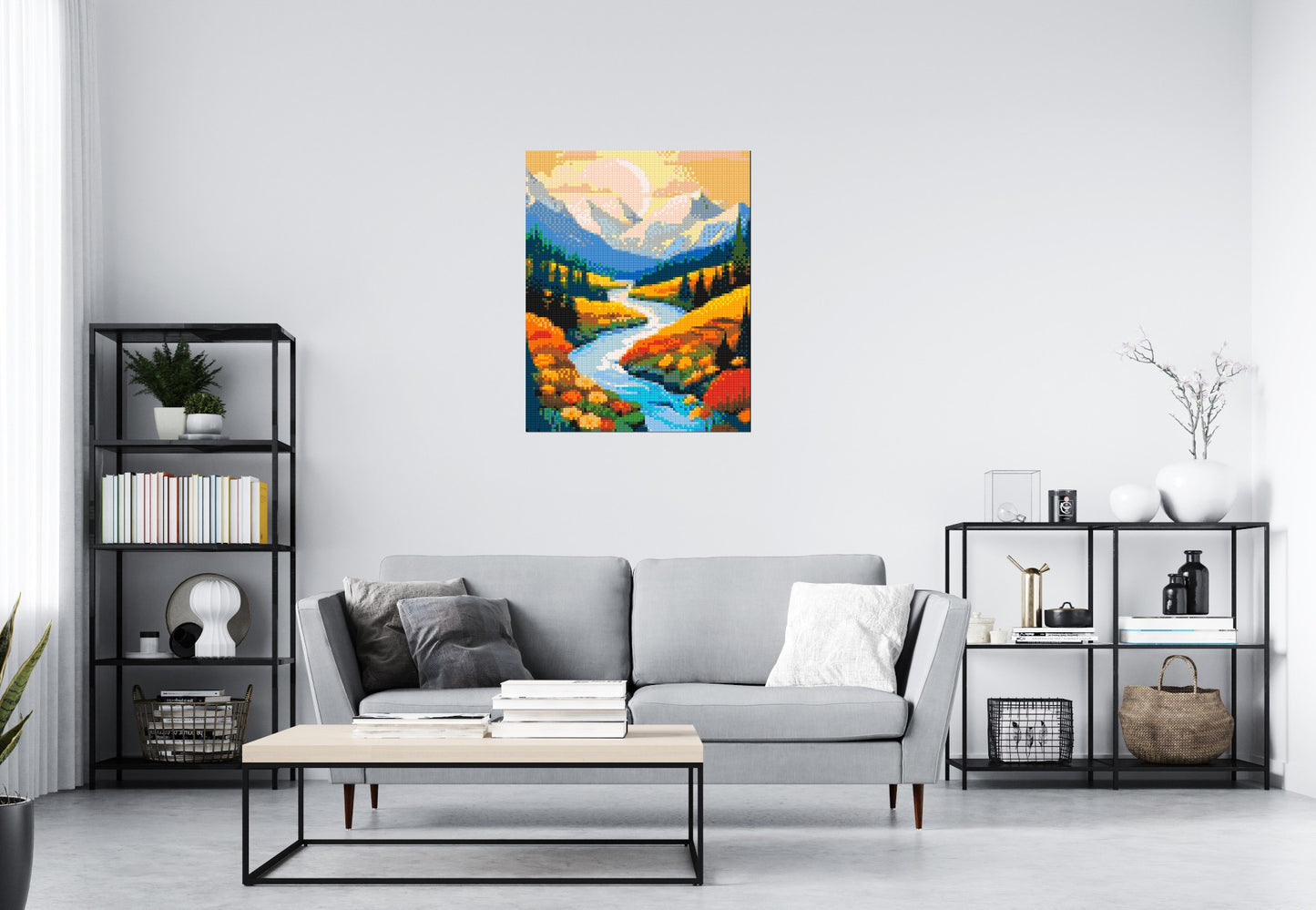 Mountain Valley River with Autumn Flowers Illustration - Brick Art Mosaic Kit 4x5 large