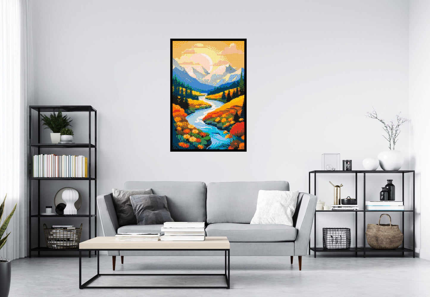 Mountain Valley River with Autumn Flowers Illustration - Brick Art Mosaic Kit 4x6 large