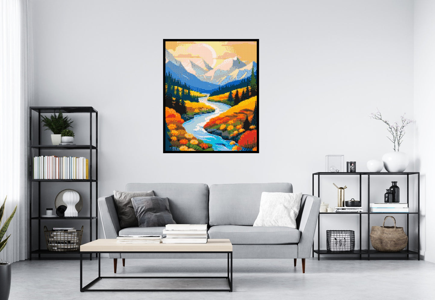 Mountain Valley River with Autumn Flowers Illustration - Brick Art Mosaic Kit 5x6 large