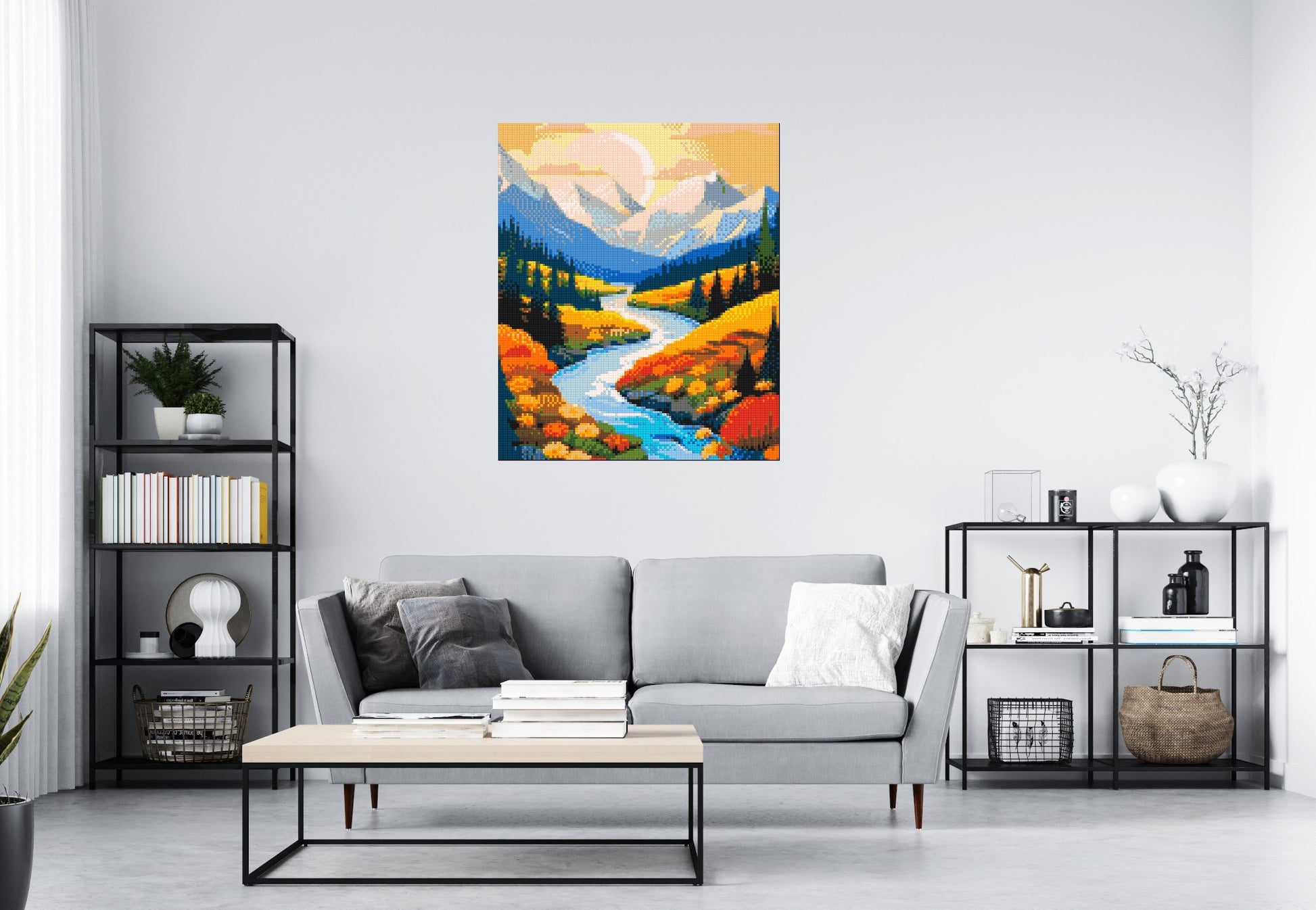 Mountain Valley River with Autumn Flowers Illustration - Brick Art Mosaic Kit 5x6 scene