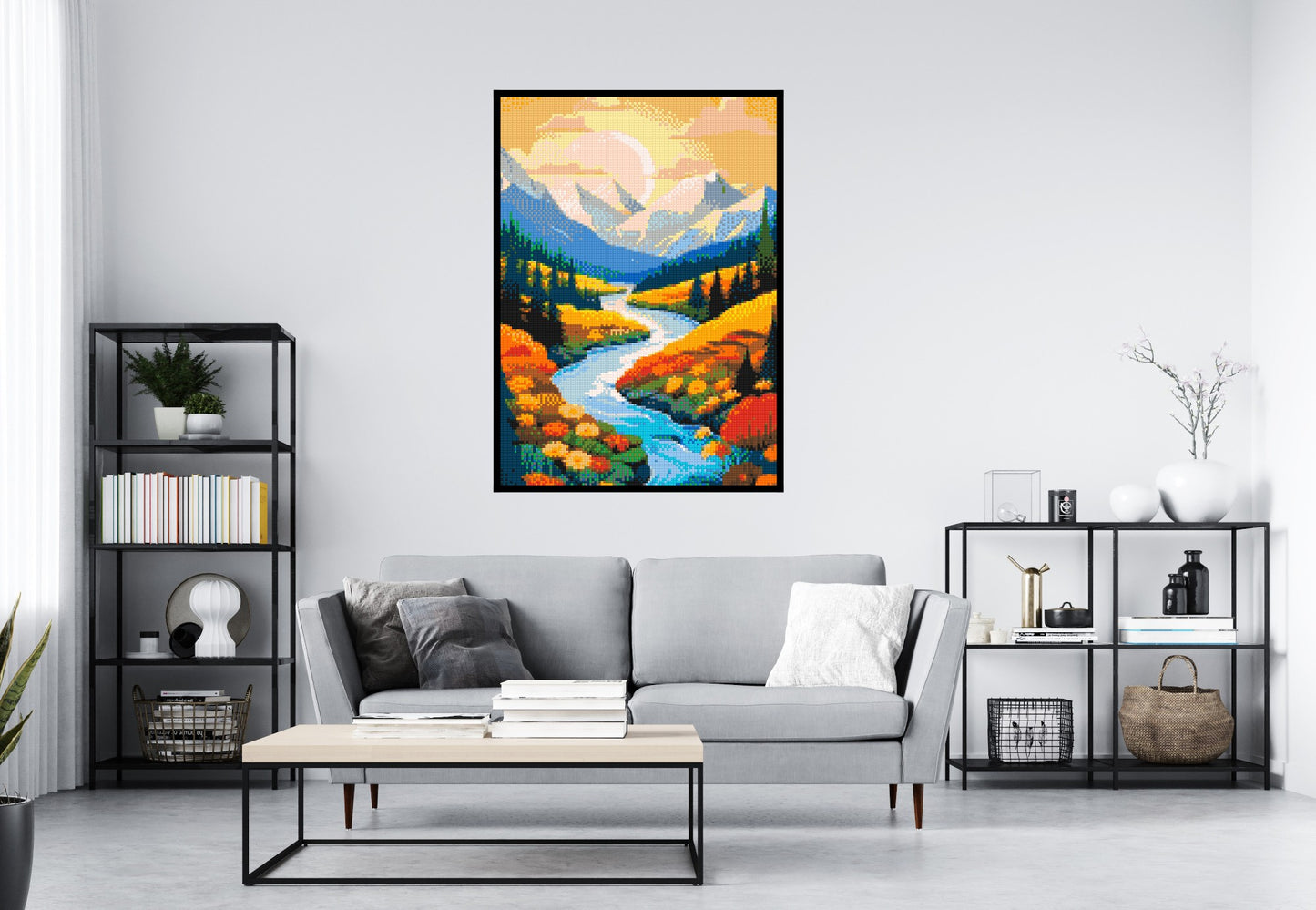 Mountain Valley River with Autumn Flowers Illustration - Brick Art Mosaic Kit 5x7 large