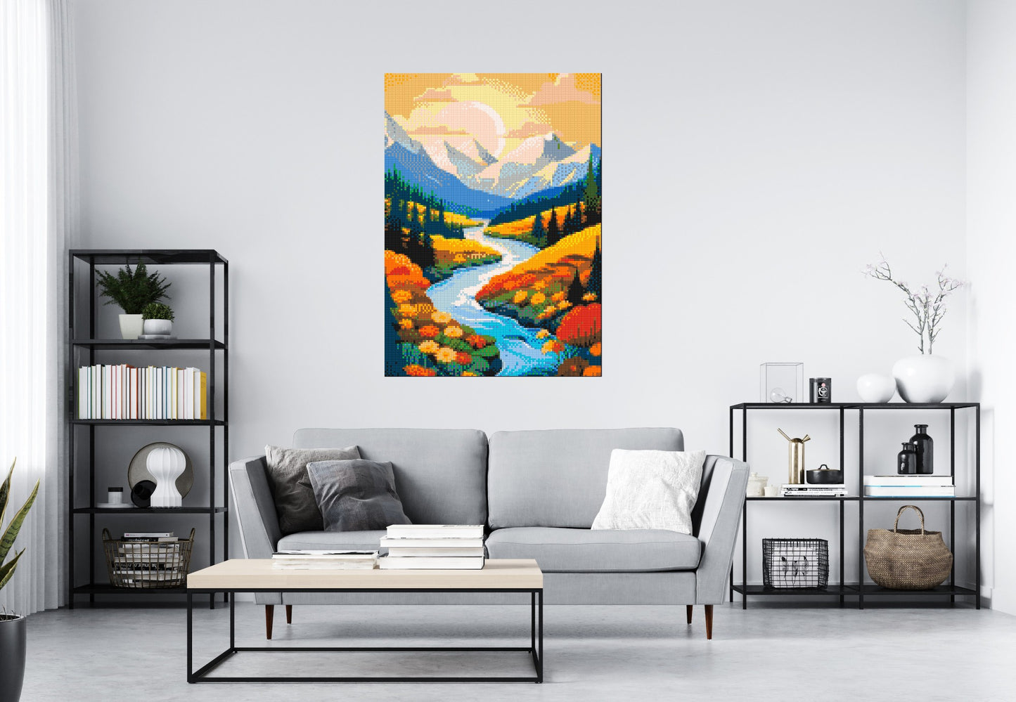 Mountain Valley River with Autumn Flowers Illustration - Brick Art Mosaic Kit 5x7 large