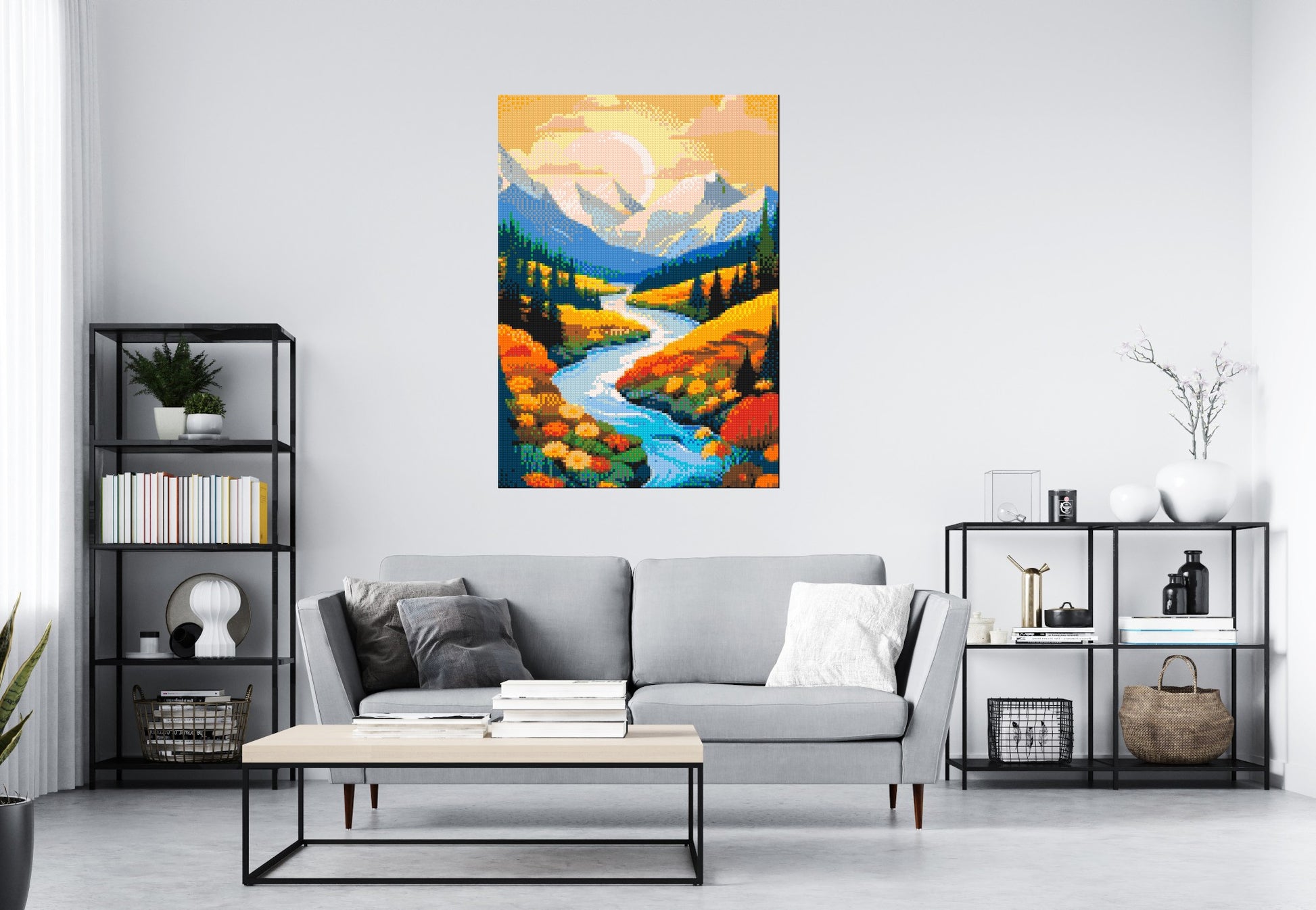 Mountain Valley River with Autumn Flowers Illustration - Brick Art Mosaic Kit 5x7 scene