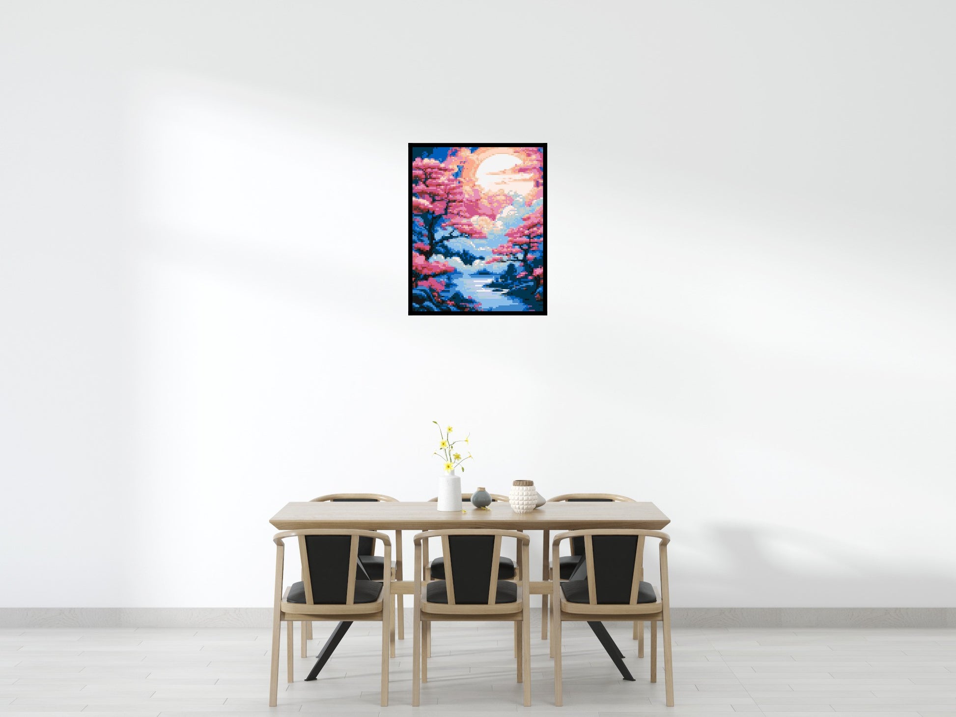 Cherry Blossom Trees and Glowing Moon Japanese Art - Brick Art Mosaic Kit 4x5 scene with frame