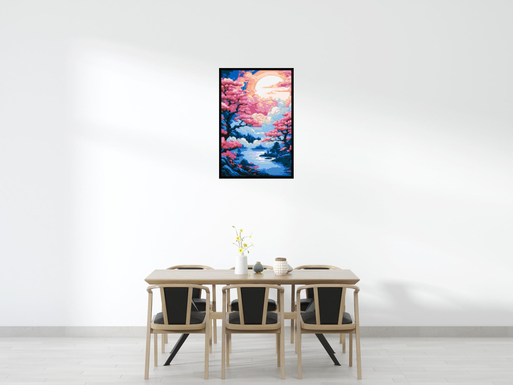 Cherry Blossom Trees and Glowing Moon Japanese Art - Brick Art Mosaic Kit 4x6 scene with frame
