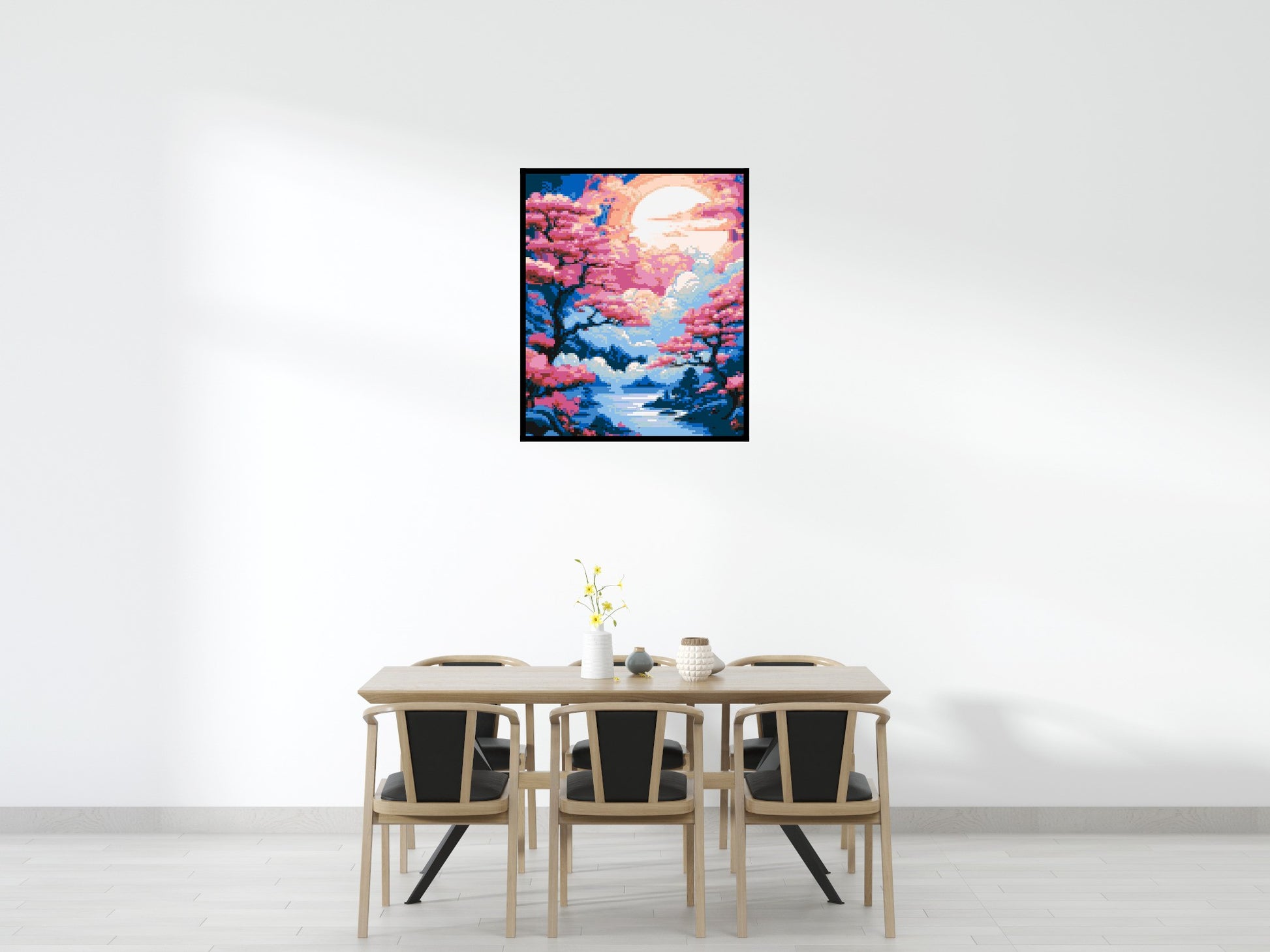 Cherry Blossom Trees and Glowing Moon Japanese Art - Brick Art Mosaic Kit 5x6 scene with frame
