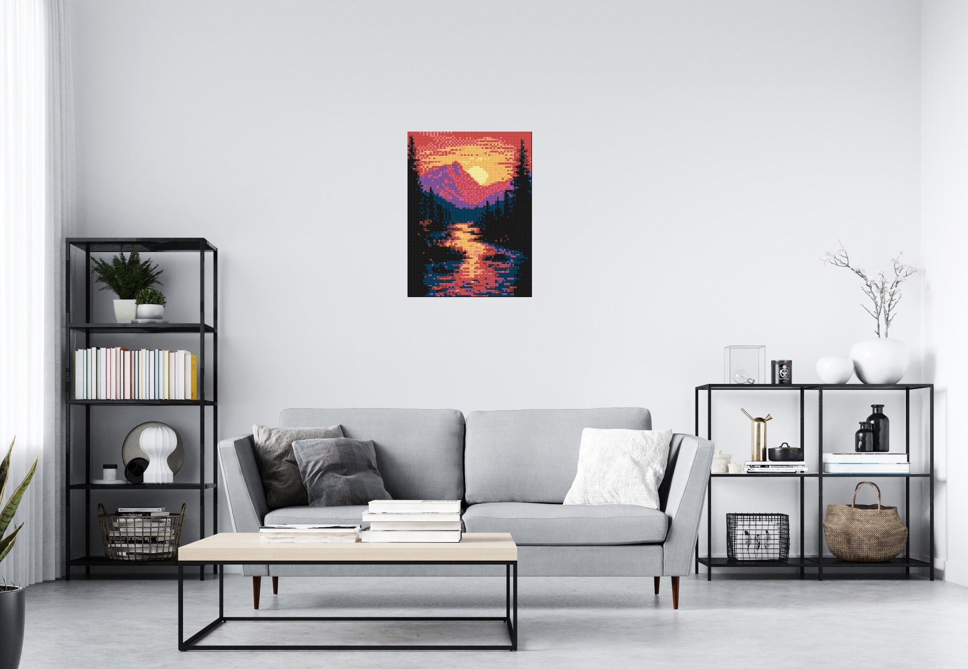 Sunset Mountain River Pixel Art - Brick Art Mosaic Kit 3x4 scene