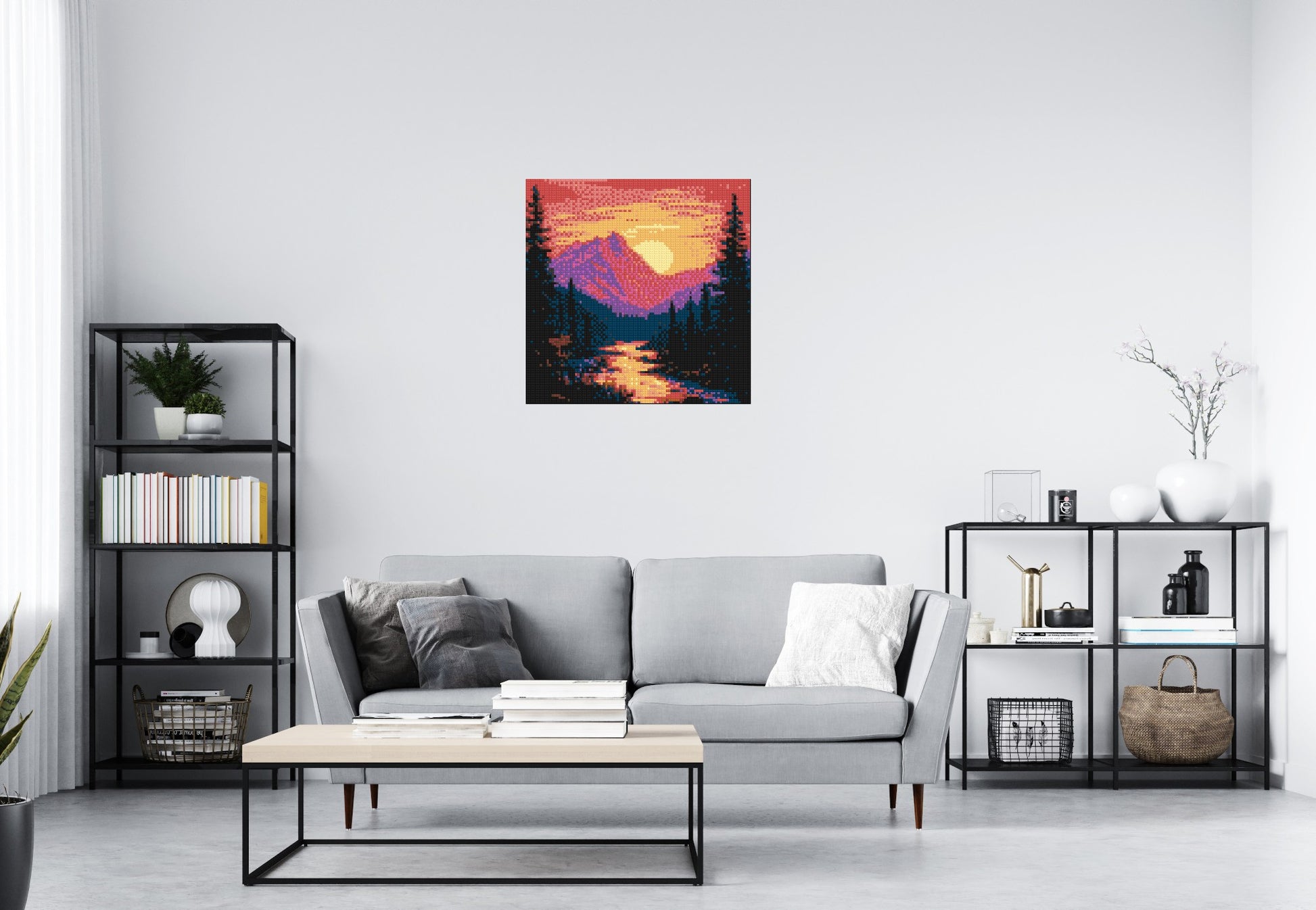 Sunset Mountain River Pixel Art - Brick Art Mosaic Kit 4x4 scene