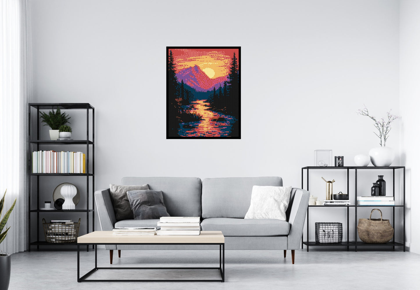 Sunset Mountain River Pixel Art - Brick Art Mosaic Kit 4x5 large