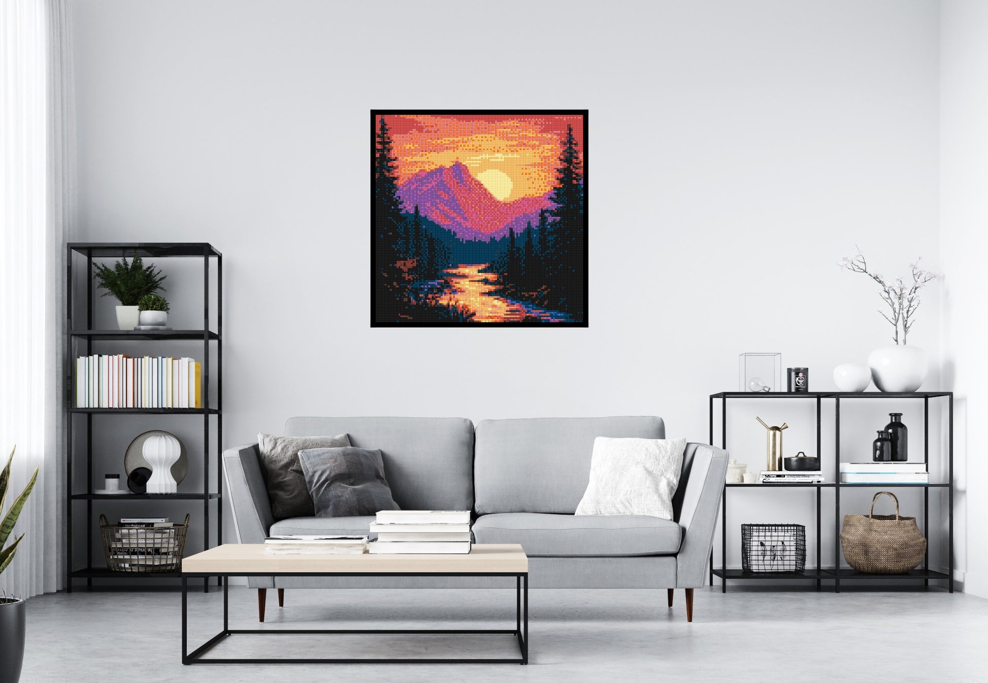 Sunset Mountain River Pixel Art - Brick Art Mosaic Kit 5x5 scene with frame