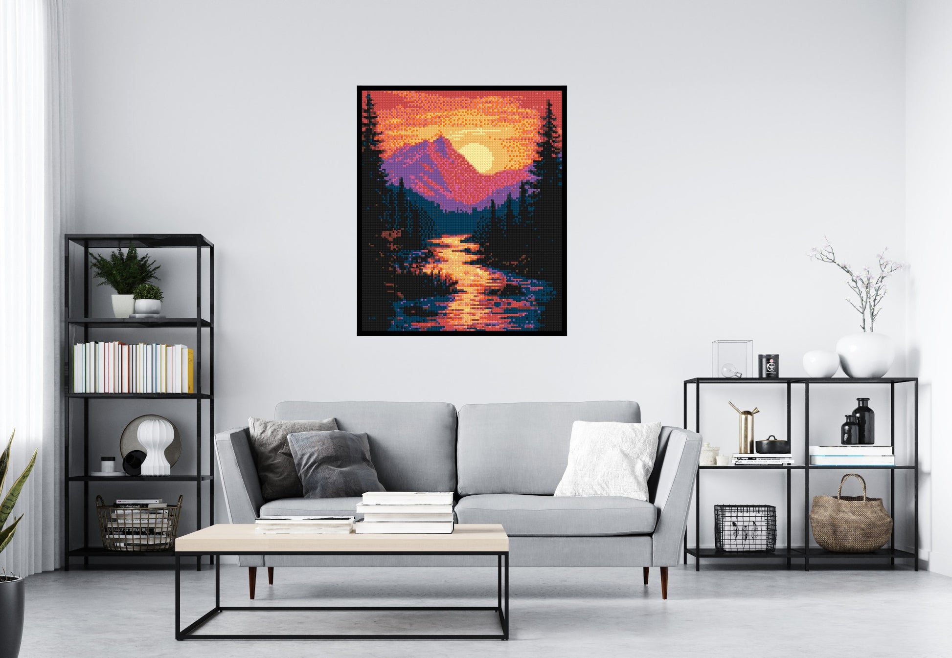Sunset Mountain River Pixel Art - Brick Art Mosaic Kit 5x6 scene with frame