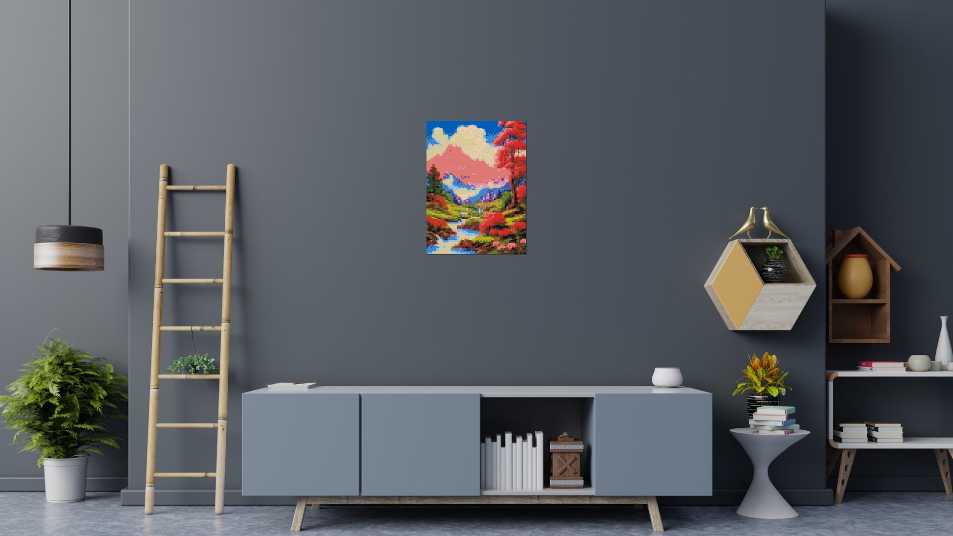 Pink Mountain Peaks and Cascading Waterfall Illustration - Brick Art Mosaic Kit 3x4 scene