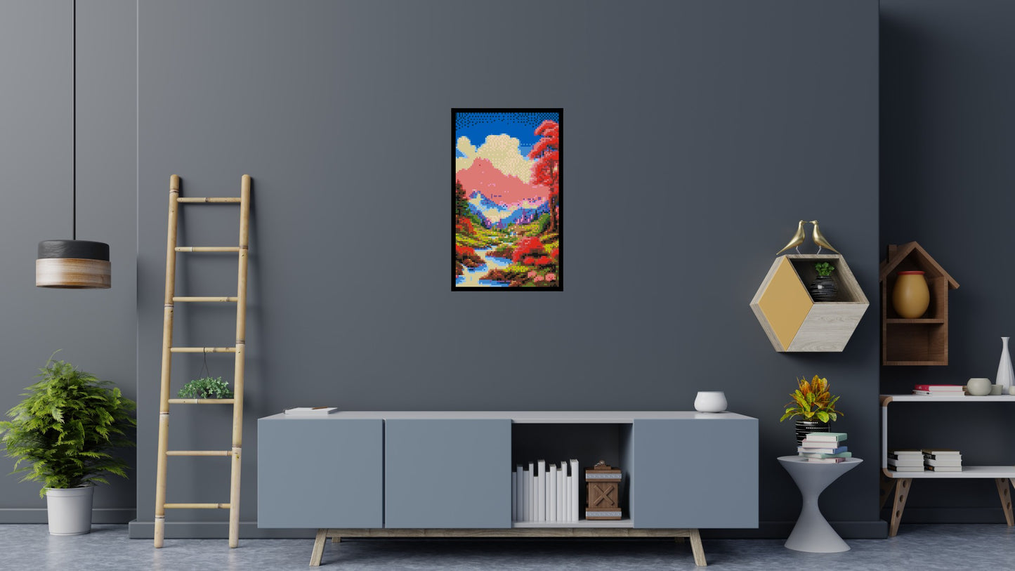 Pink Mountain Peaks and Cascading Waterfall Illustration - Brick Art Mosaic Kit 3x5 large