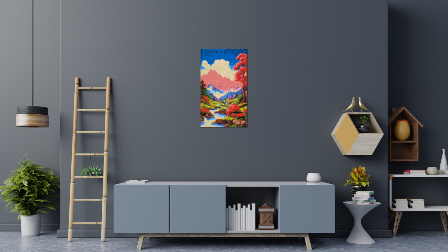 Pink Mountain Peaks and Cascading Waterfall Illustration - Brick Art Mosaic Kit 3x5 large