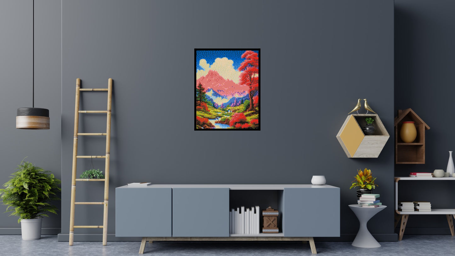 Pink Mountain Peaks and Cascading Waterfall Illustration - Brick Art Mosaic Kit 4x5 large