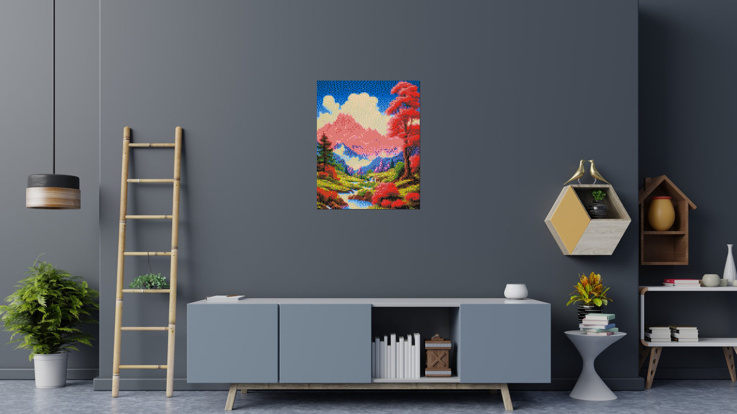 Pink Mountain Peaks and Cascading Waterfall Illustration - Brick Art Mosaic Kit 4x5 large