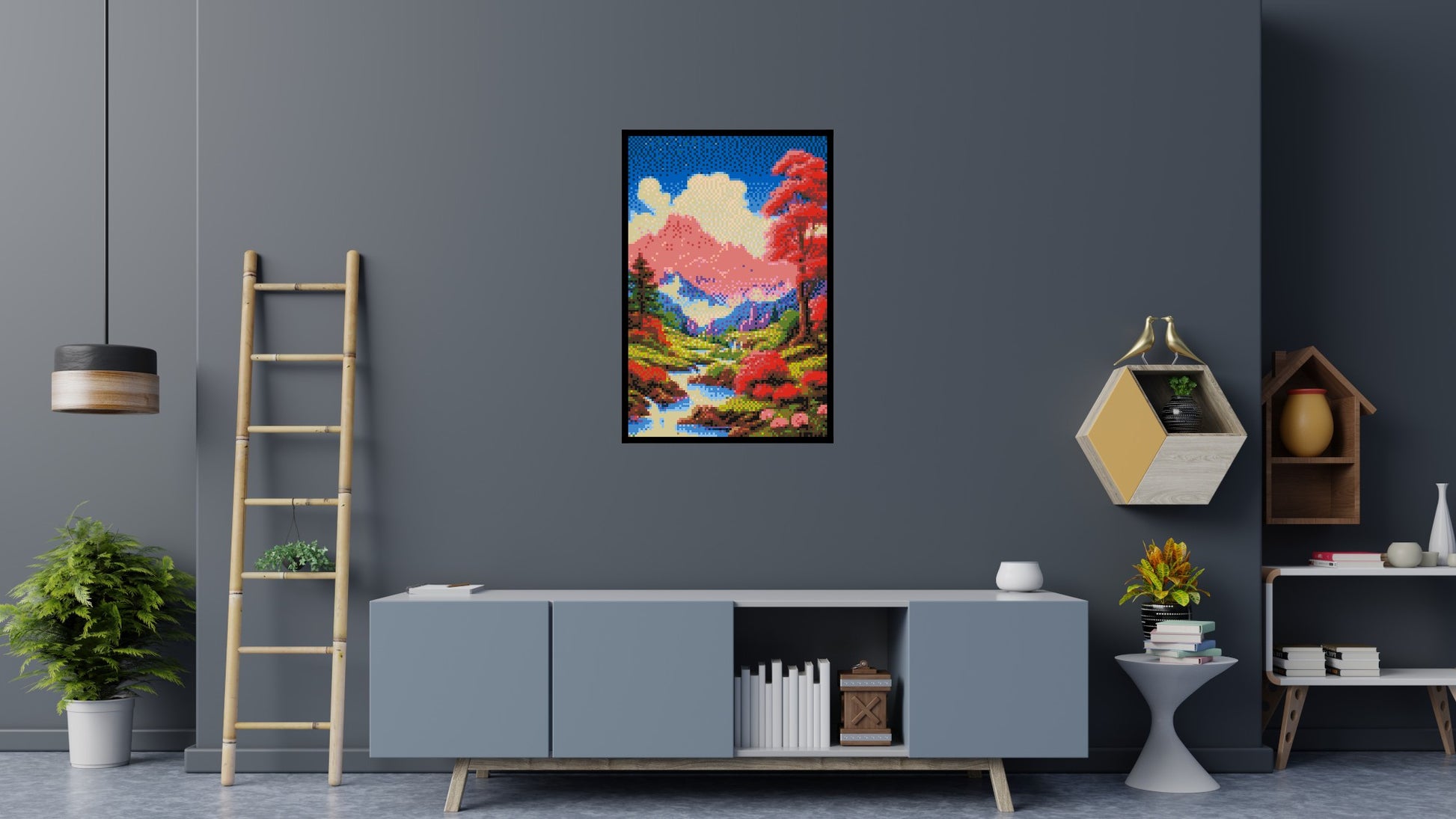 Pink Mountain Peaks and Cascading Waterfall Illustration - Brick Art Mosaic Kit 4x6 scene with frame
