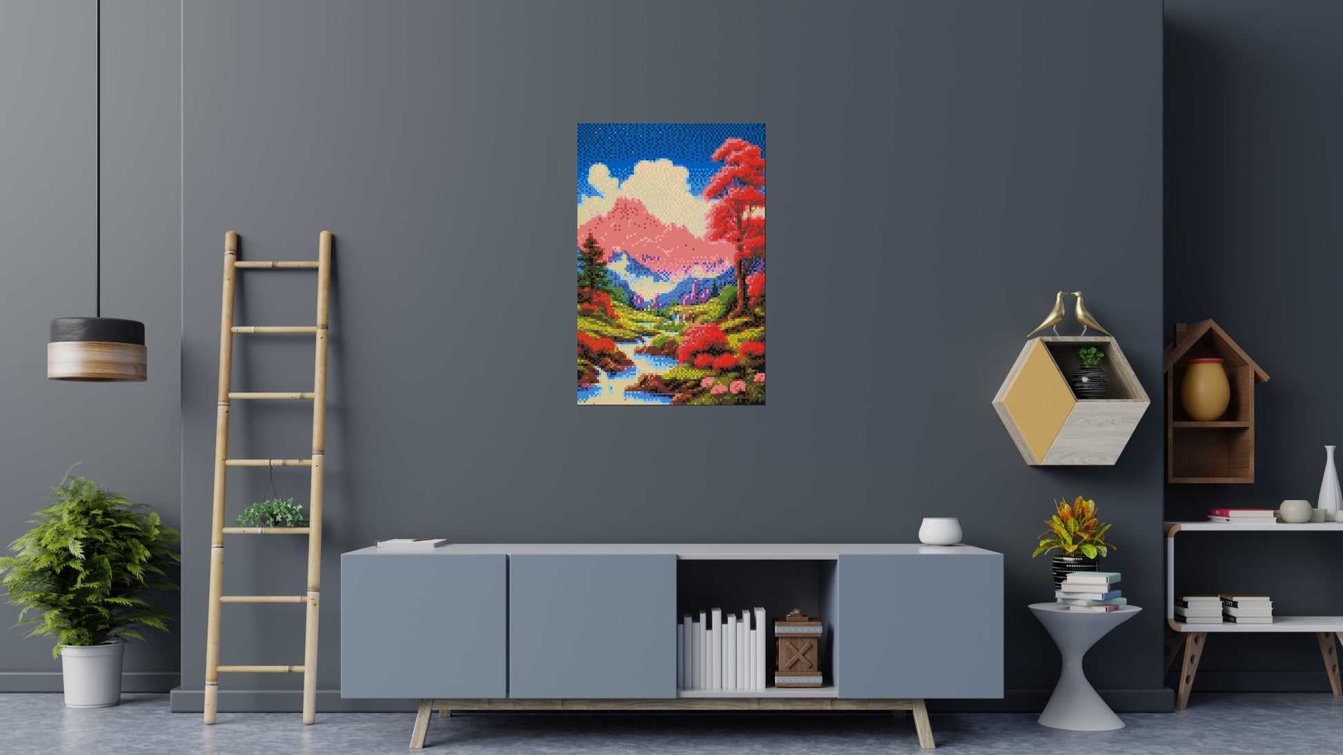 Pink Mountain Peaks and Cascading Waterfall Illustration - Brick Art Mosaic Kit 4x6 scene