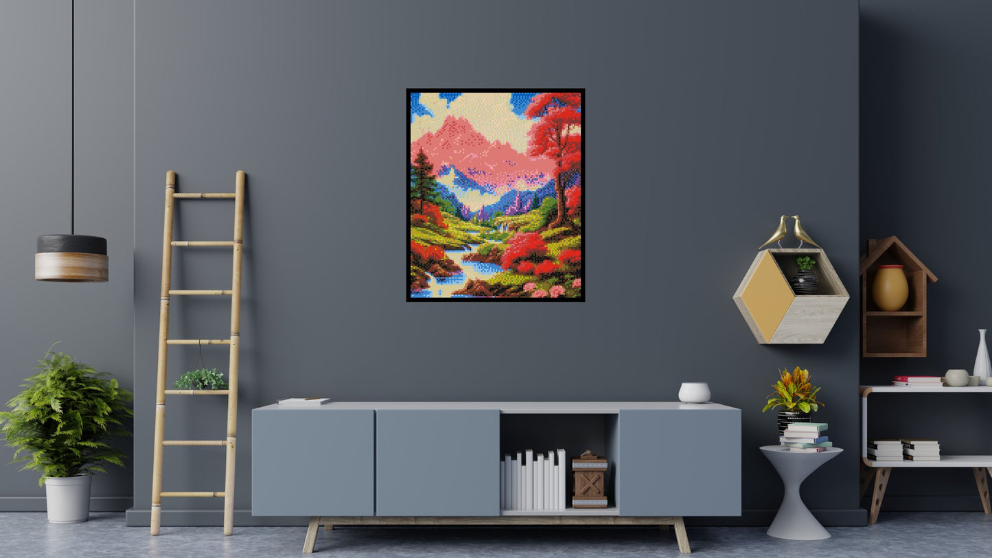 Pink Mountain Peaks and Cascading Waterfall Illustration - Brick Art Mosaic Kit 5x6 large