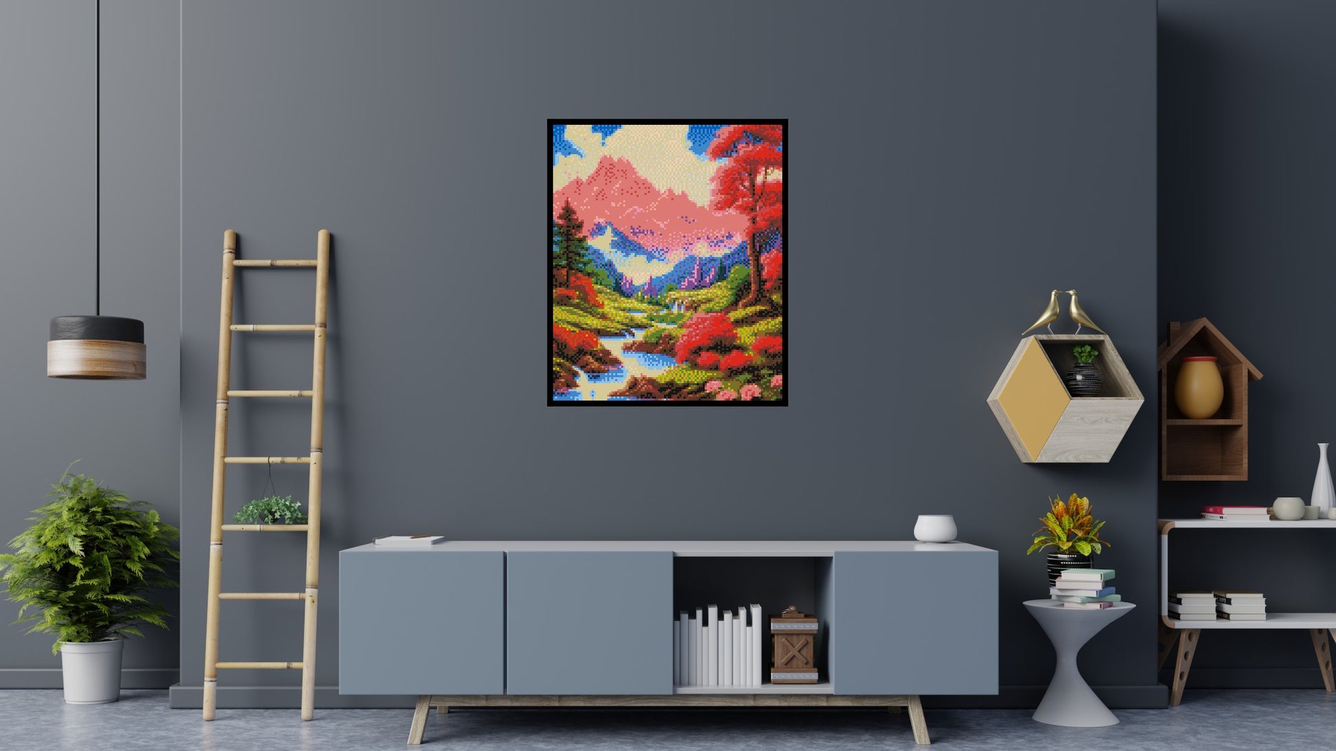 Pink Mountain Peaks and Cascading Waterfall Illustration - Brick Art Mosaic Kit 5x6 scene with frame