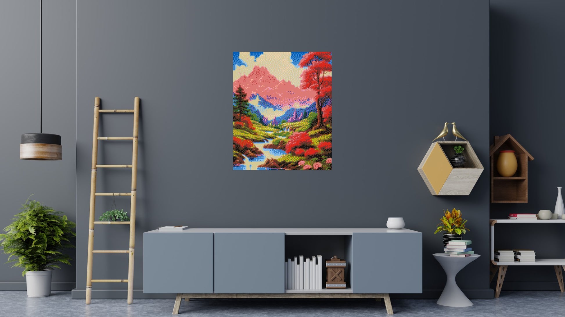 Pink Mountain Peaks and Cascading Waterfall Illustration - Brick Art Mosaic Kit 5x6 scene