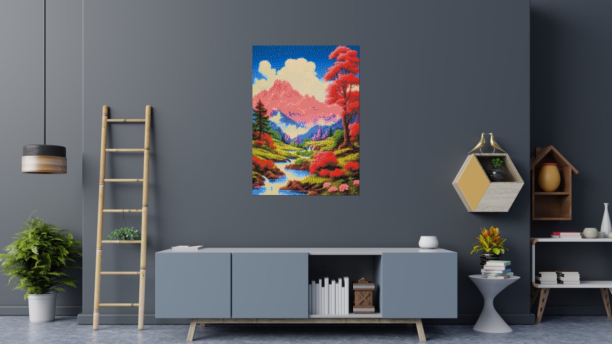 Pink Mountain Peaks and Cascading Waterfall Illustration - Brick Art Mosaic Kit 5x7 scene