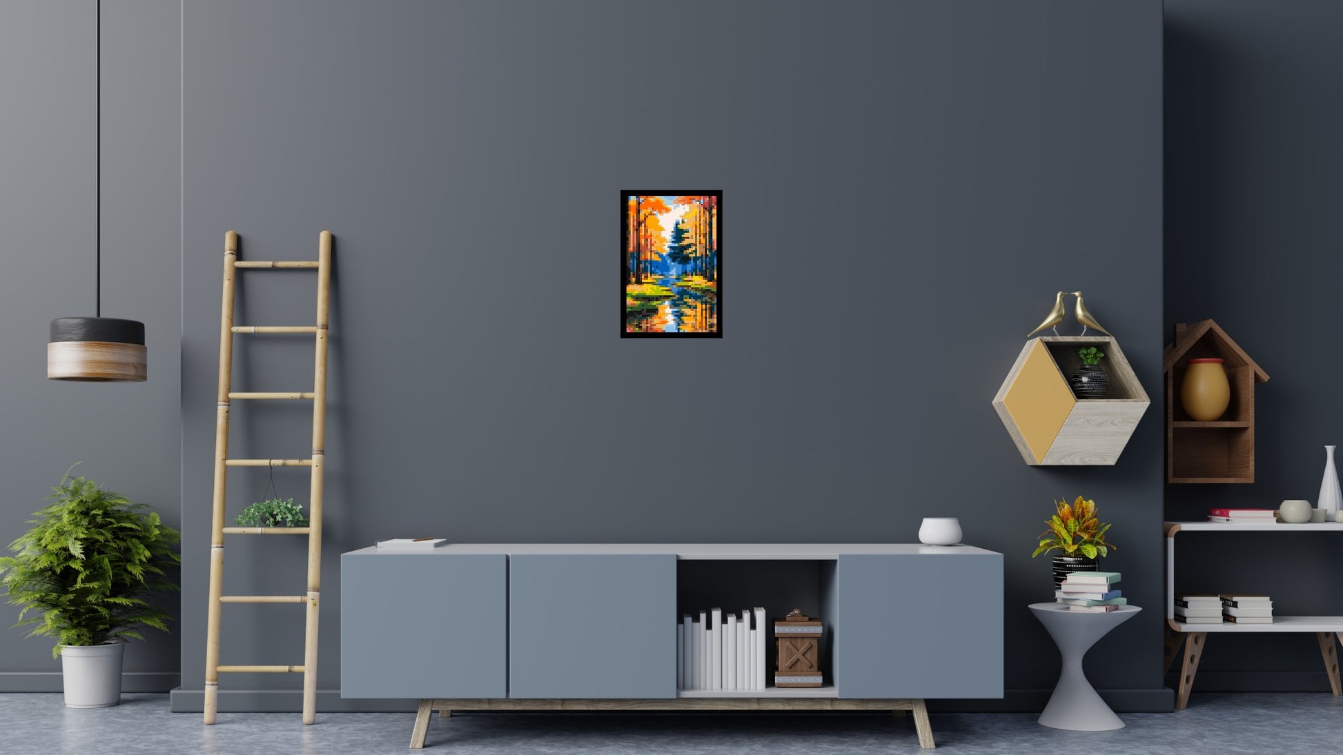 Autumn Forest River Reflection Illustration - Brick Art Mosaic Kit 2x3 scene with frame
