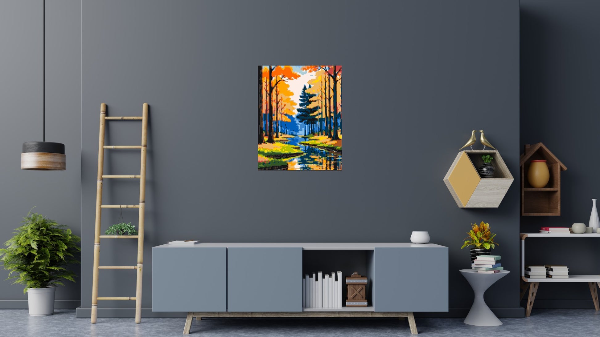 Autumn Forest River Reflection Illustration - Brick Art Mosaic Kit 4x5 scene